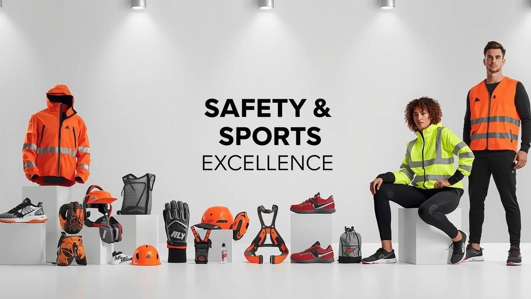 safety jacket, hi vis vest, safety helmet, protective gloves, sports shoes, safety gear, brand awareness, minimalist, lifestyle, trustworthy, bold, neutral, orange